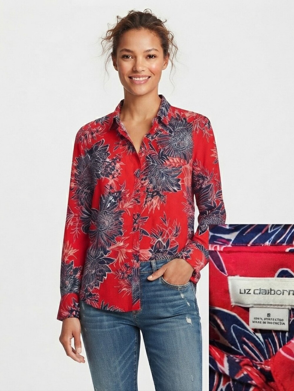 Liz Claiborne Women's Red Floral Long Sleeve Button Up Shirt Size S
